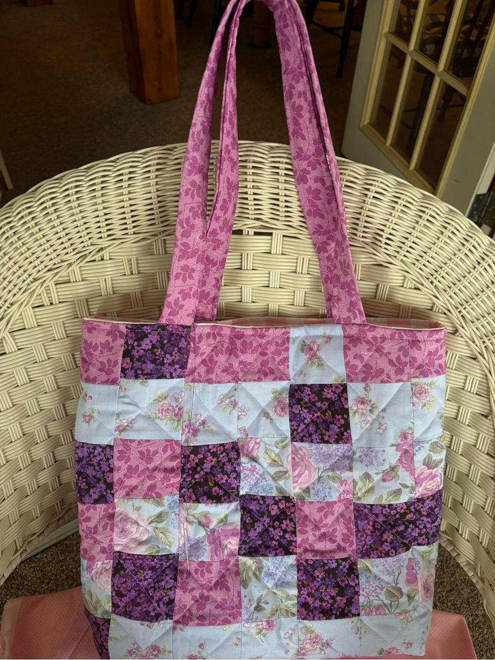 Handmade Quilted Patchwork Floral Tote Bag in Pink and Purple